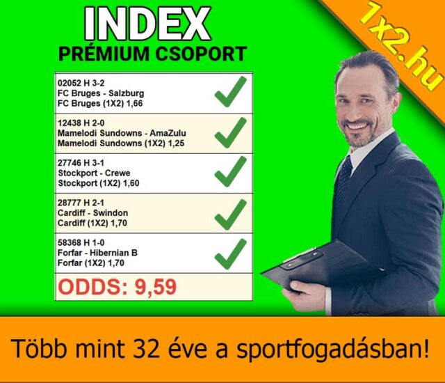 Egy mosolygós férfi áll Tippmix tippek szelvénnyel a kezében. Az Index Prémium csoport ajánlatai. Megbízható sportfogadási tanácsokkal több mint 32 éve jelen vannak. Az össz-odds: 9,59.