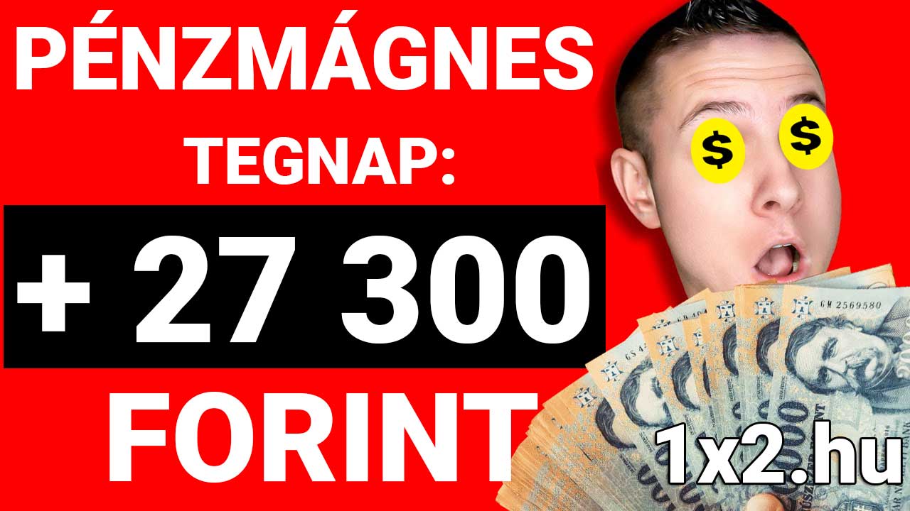 Egy férfi sok pénzt tart a kezében, miközben meglepett arccal néz. A háttérben a Pénzmágnes és a Tegnap: +27 300 forint feliratok láthatók. Felfedezd a Tippmix tippek világát és profit