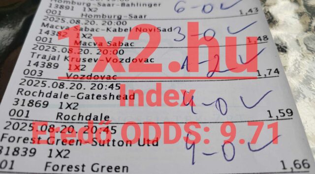 Ezen a képen egy sportfogadási szelvény látható, melyen kézzel vannak bejelölve a Tippmix tippek. A szelvény sugallja, hogy megbízható választásokkal próbálhatunk szerencsét a sportfogadás világában, izgalmas esélyek