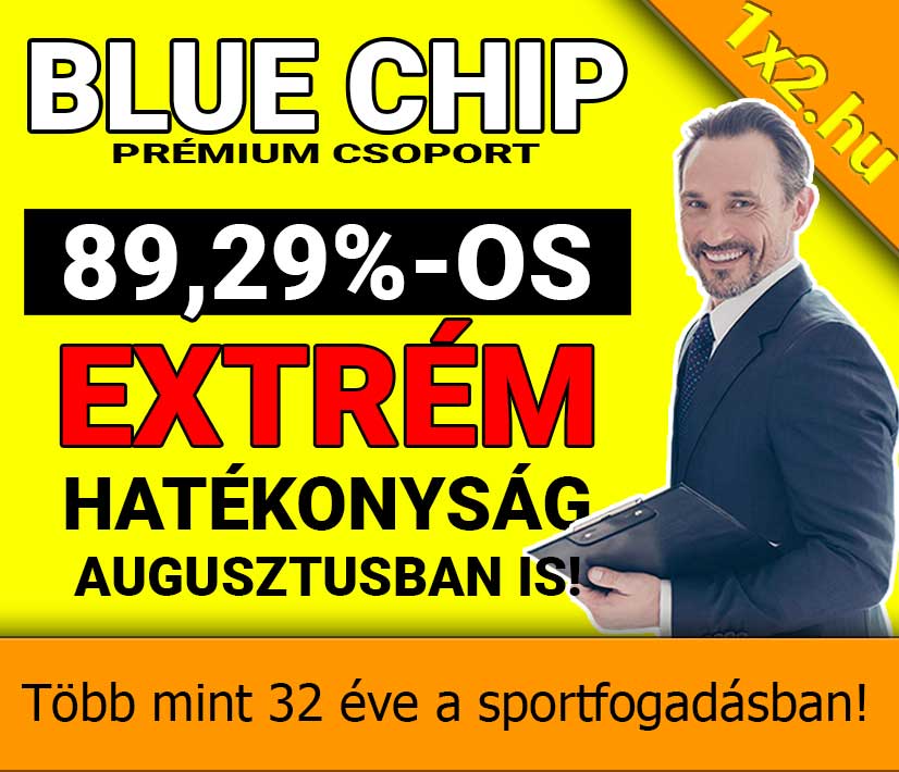 Férfi öltönyben egy mosolygós üzletember modellt áll a Blue Chip prémium Tippmix tippek plakát előtt. A sportfogadás világában 32 éves tapasztalattal bíró szakértője megbízható sportfogadási tippekkel segít a