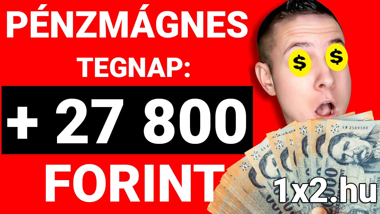 Fiatal férfi elképedve néz egy köteg pénzre, szemében dollárjelek villognak. A képen a Pénzmágnes felirat és egy összeg: +27 800 forint. Tippmix tippek és sportfogadás eredmények hozhatnak ilyen örömöt