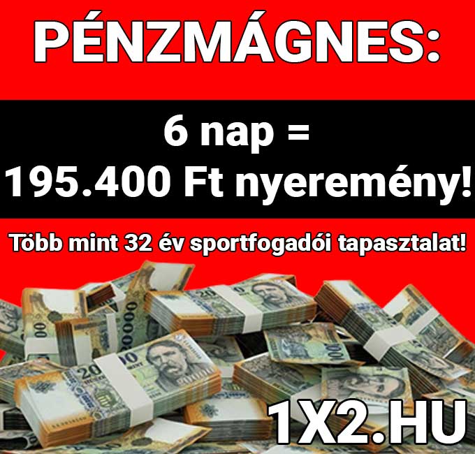 Pénzmágnes: Hat nap alatt 195.400 Ft nyeremény! Több mint 32 éves sportfogadói tapasztalat áll mögötte. Megbízható Tippmix tippek segítenek a sikeres sportfogadásban. Fedezd fel a biztos Tippmix tippeket most!