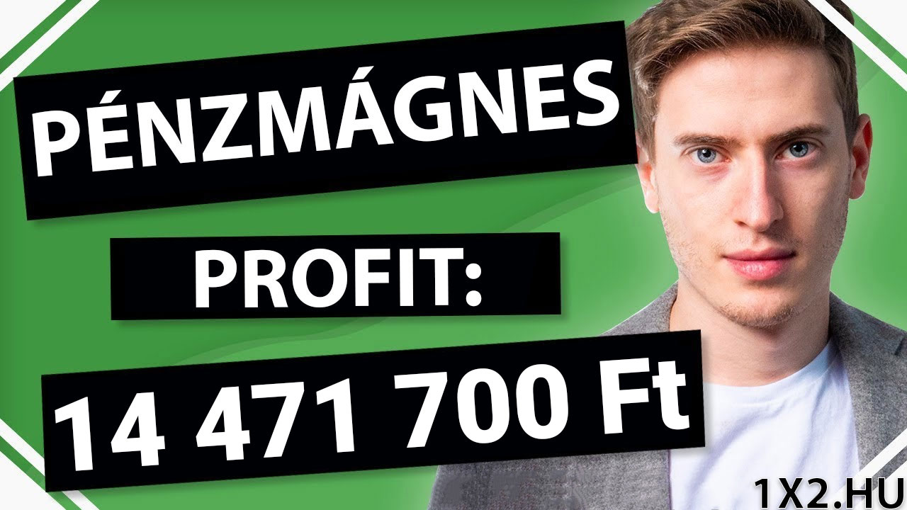 Zöld háttér előtt egy fiatal férfi látható, mellette a Pénzmágnes felirat. A szöveg a sportfogadásban elért jelentős profitot (14 471 700 Ft) emeli ki. Megbízható Tippmix tippek és sportfogadás tippek tárhá
