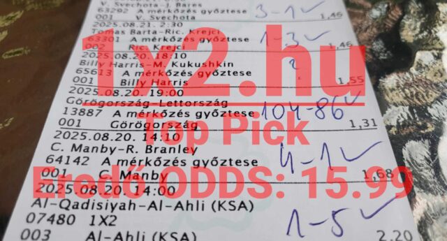 Egy Tippmix szelvény részlete, ahol a sportfogadás tippek és az eredmények láthatók. A kézzel írott jegyzetek még izgalmasabbá teszik a fogadást, amit a megbízható Tippmix tippek keresése kísér.