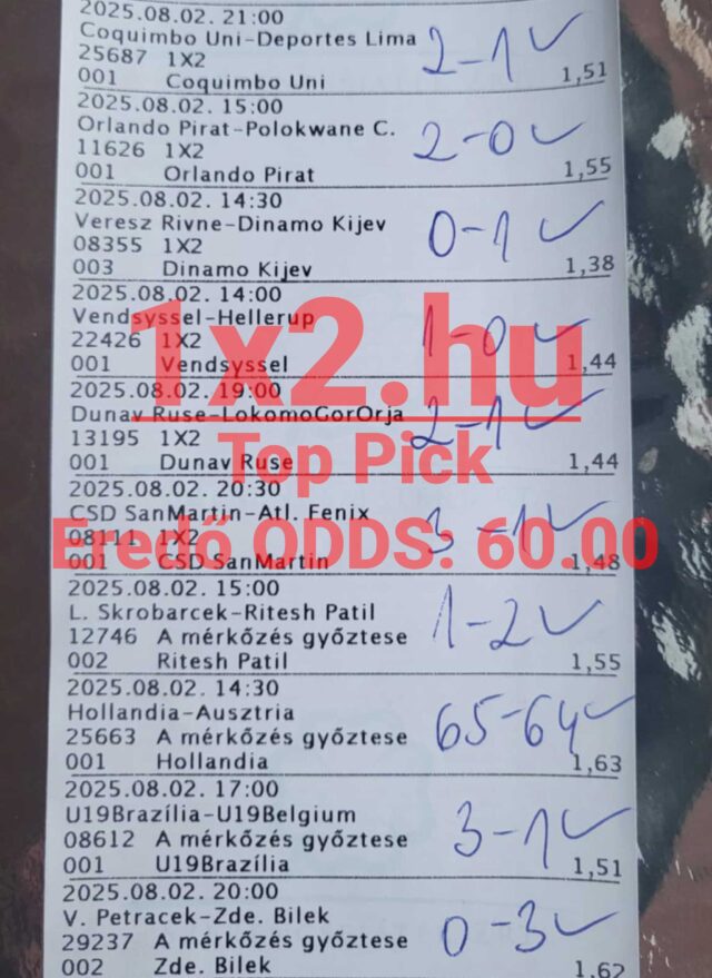 Egy sportfogadási szelvény Tippmix tippekkel és eredményekkel. A képen több mérkőzés szerepel, amelyek eredményeit kézzel írták be. Megbízható Tippmix tippek segítségével növelheted a sportfogadás esélyeidet.