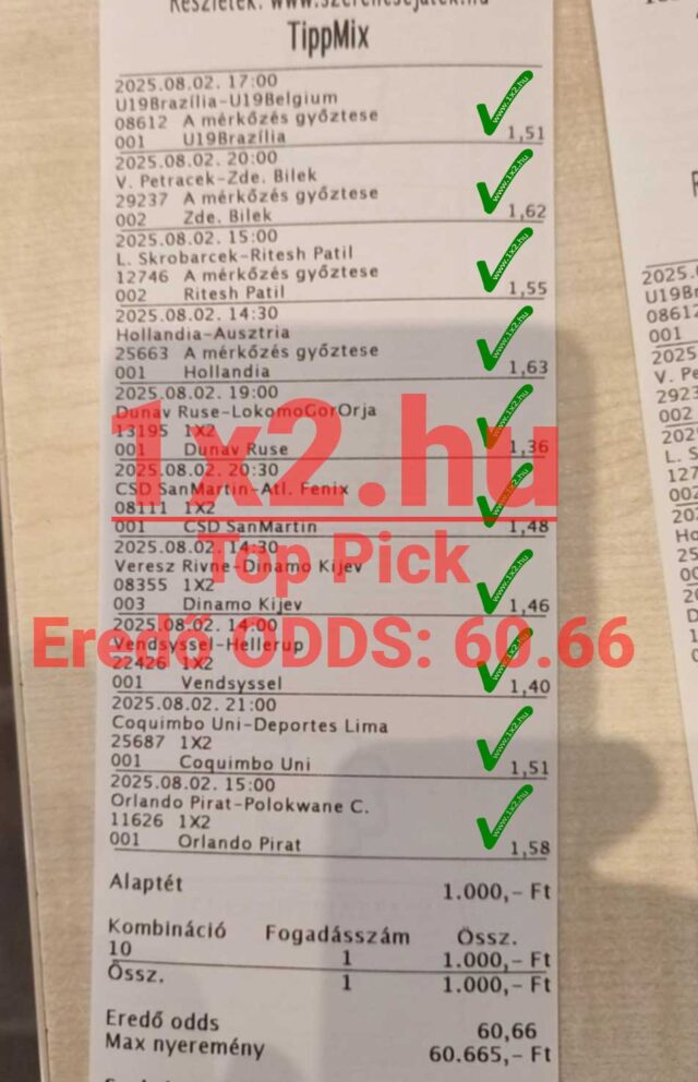Ez a kép egy sikeres Tippmix szelvényt mutat, ahol a sportfogadás tippek mind helyesnek bizonyultak. Megbízható Tippmix tippek segítségével növelheted az esélyed a nyereményre, hiszen ezek gyakran kifizetődőek.
