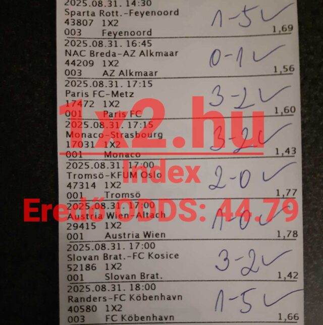 Egy Tippmix szelvény, amely különböző labdarúgó mérkőzések eredményeit mutatja. Segítség lehet sportfogadóknak, akik megbízható Tippmix tippeket keresnek. Érdemes figyelni a sportfogadás tippekre!