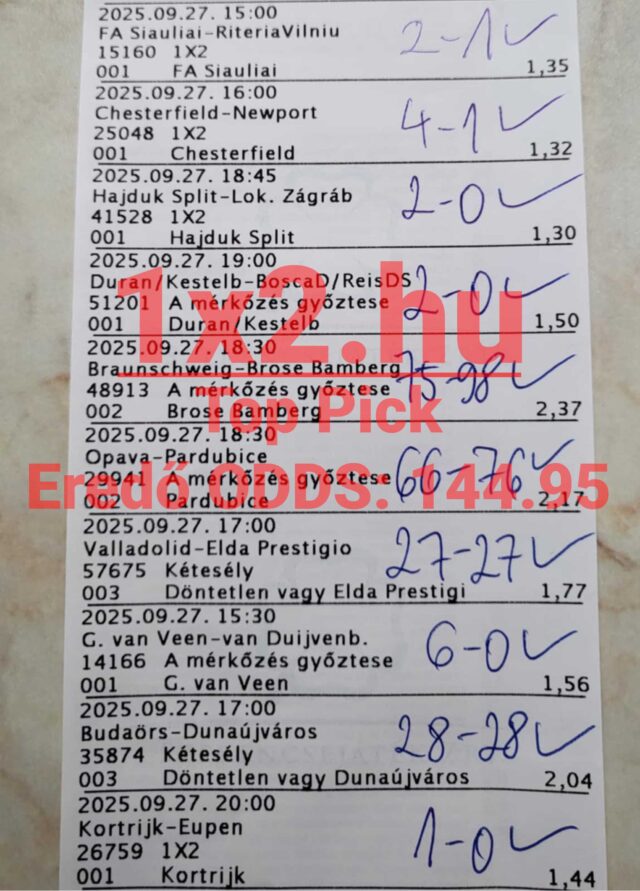 Egy sportfogadási szelvény különféle Tippmix tippekkel, sportfogadás iránt érdeklődőknek. Rengeteg esemény és eredmény látható, ami segíthet a megbízható Tippmix tippek kiválasztásában. Kiváló társ sportfogadásh
