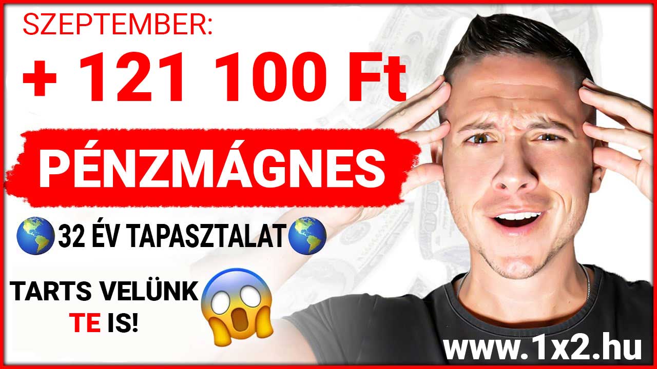 Férfi áll meglepett arckifejezéssel, mellette 121 100 Ft nyereség említése és a Pénzmágnes felirat. 32 év tapasztalat említése, biztató üzenet: Tarts velünk te is! sportfogadás kap