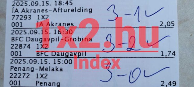 Sportfogadási szelvény részletek Tippmix tippekhez. A képen található eredmények és szorzók alapján megbízható sportfogadás tippeket készíthetünk, segítve az esélyek elemzését és a sikeres fogadás kialakítását.