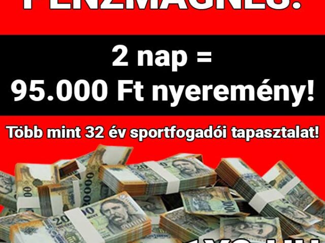 Pénzmágnesként működő Tippmix tippek! 2 nap alatt 95.000 Ft nyeremény a sportfogadás világában. Több mint 32 év tapasztalattal biztosítunk megbízható Tippmix tippeket, hogy növeld esélyeidet a sikerre.