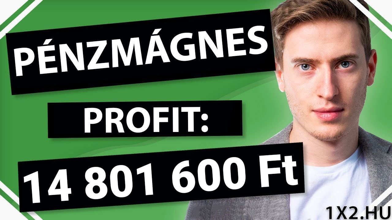 Férfi portré egy zöld háttér előtt, mellette a Pénzmágnes és Profit: 14 801 600 Ft feliratok. A kép hangulatában a Tippmix tippek és sportfogadás sikere tükröződik. Megbízható és nyereséges stratégi