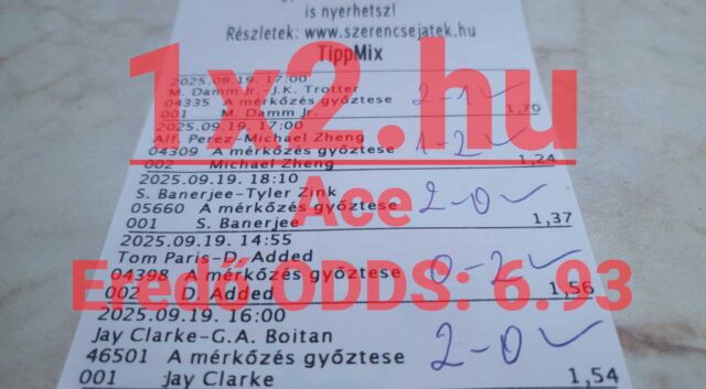 Egy sportfogadási szelvény látható, Tippmix tippekkel. A kézzel írt eredmények mellett az oddsok is szerepelnek. Ha megbízható Tippmix tippeket keresel a sportfogadáshoz, fontos a jól megválasztott stratégia.