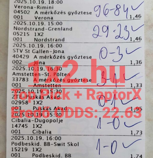 Kép egy Tippmix szelvényről, ahol különböző sportesemények eredményei láthatók. A felirat szerint különböző megbízható sportfogadás tippek szerepelnek rajta, segítséget nyújtva a sportfogadásban.