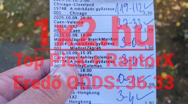 Kép egy sportfogadás szelvényről, ahol több Tippmix tippet láthatunk. A nyeremények és eredmények kézzel vannak felírva, a háttérben természetes, zöldes környezet. Ideális a sportfogadás szerelmeseinek.