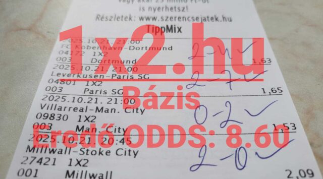 Közelkép egy Tippmix szelvényről, rajta sportfogadás tippek és eredmények. A szelvényen kiemelt mérkőzésekkel és oddsokkal találkozhatunk. Tökéletes pillanat a sportfogadás szerelmeseinek megbízható Tippmix