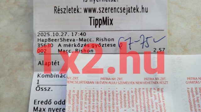 Egy Tippmix szelvény látható a képen, amelyen a HapBeerSheva és Macc. Rishon meccs eredménye áll. A sportfogadás kedvelői számára fontos lehet a megbízható Tippmix tippek nyújtotta előny a sikeres fogadá