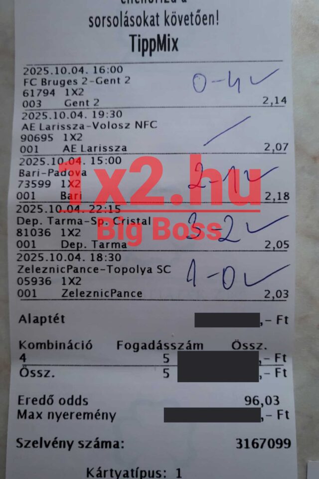Egy Tippmix szelvény, amely különböző mérkőzésekre leadott sportfogadások eredményeit mutatja. A választások mind sikeresek voltak, ami a hatékony Tippmix tippek fontosságát emeli ki a sportfogadás világában.