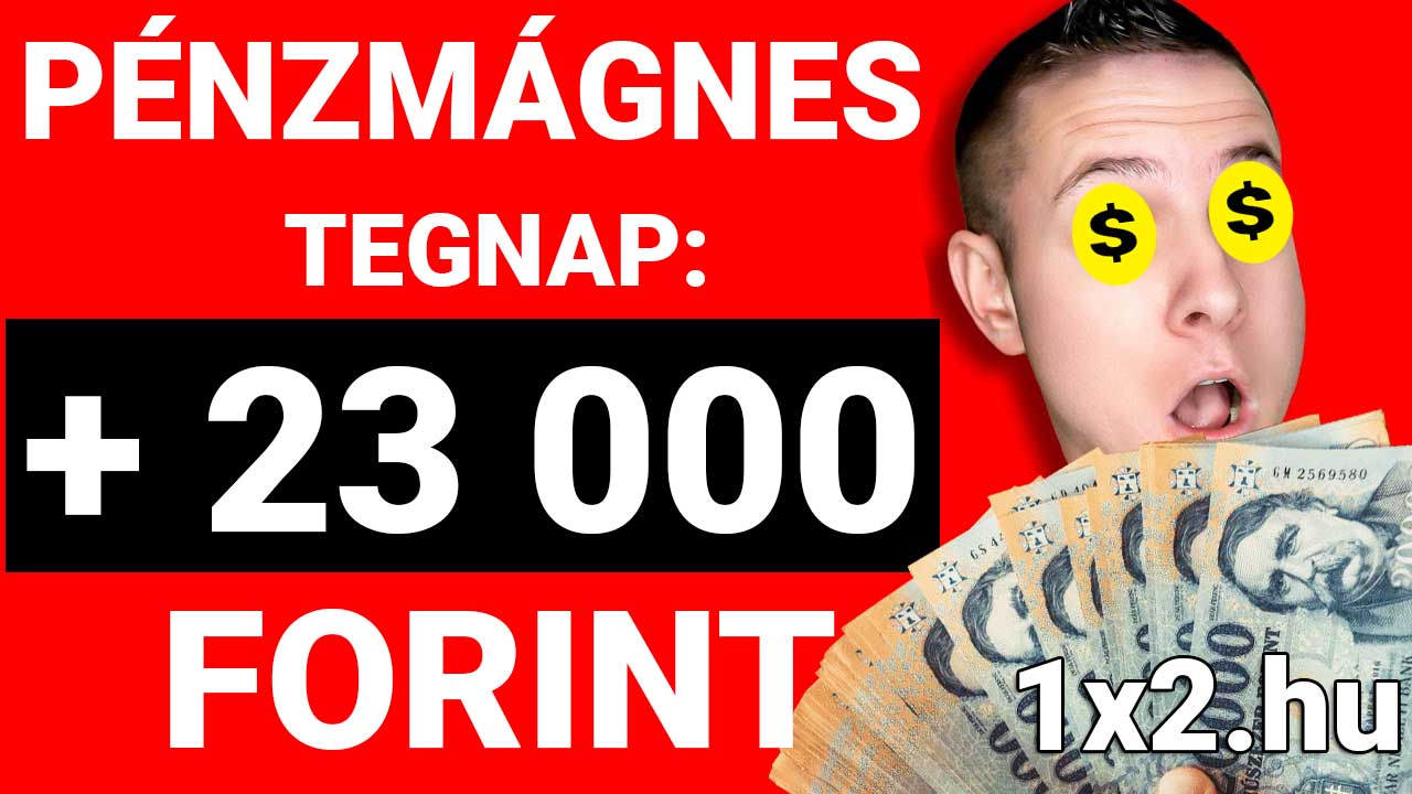 Egy férfi izgatott arccal tart egy csokor százezrest. A háttérben Pénzmágnes és +23 000 forint felirat áll. Tudj meg többet a megbízható Tippmix tippekről és sportfogadás stratégiákról.