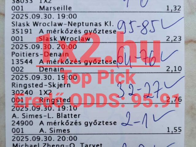 Sportfogadási szelvény képe Tippmix tippekkel és eredményekkel. Az oldal segít megtalálni a megbízható sportfogadási tippeket, hogy javuljon a Tippmix esélyeid. Ideális a sportfogadás iránt érdeklődőknek.