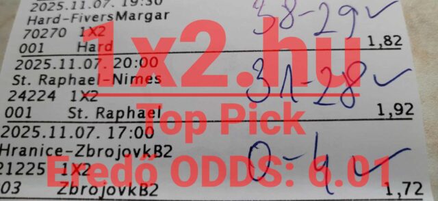 Kézzel írt Tippmix szelvény, amin sportfogadás tippek és eredő oddsok láthatóak. Ha megbízható Tippmix tippekre van szükséged, ez a szelvény segíthet eligazodni a sportfogadás világában.