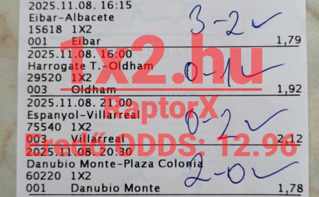 Egy sportfogadási szelvény Tippmix tippekkel. Eredmények kézzel írva hozzáadva, végső odds 12.96. A sportfogadás izgalma és a megbízható Tippmix tippek világosan láthatók.