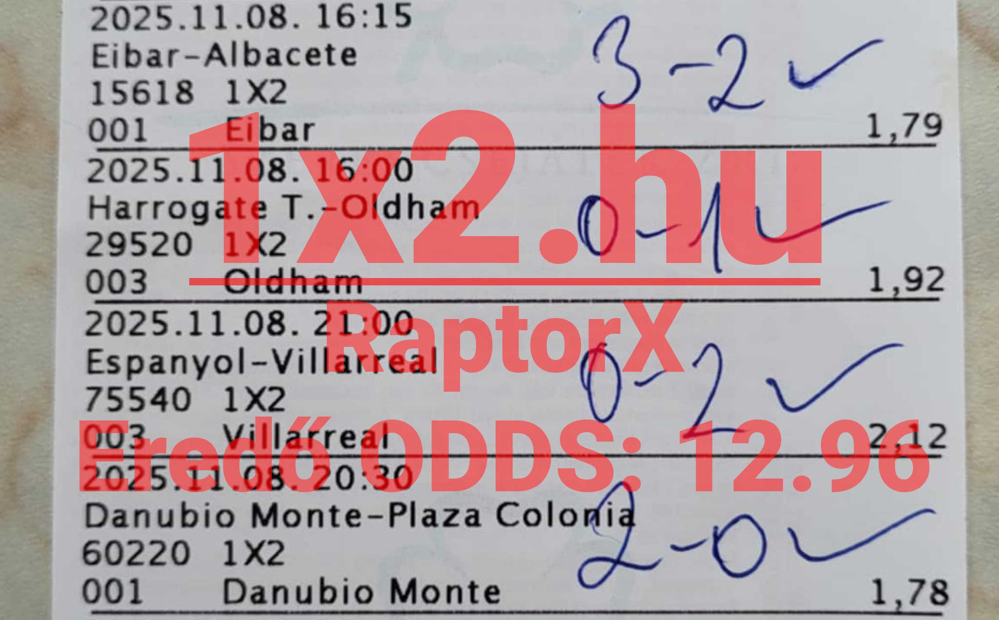 Egy sportfogadási szelvény Tippmix tippekkel. Eredmények kézzel írva hozzáadva, végső odds 12.96. A sportfogadás izgalma és a megbízható Tippmix tippek világosan láthatók.