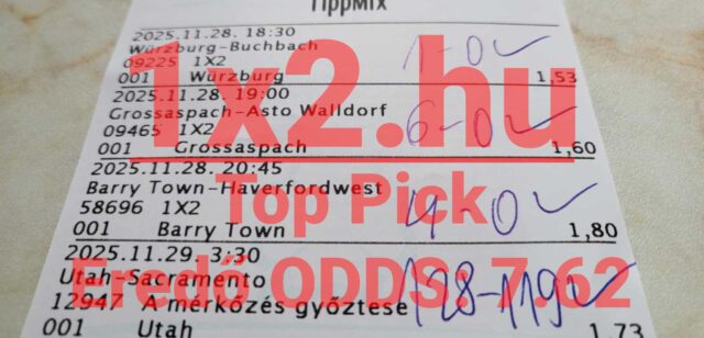 Egy Tippmix szelvény látható, amely sportfogadási tippeket és mérkőzési esélyeket tartalmaz. Az aktuális játékosok megbízható Tippmix tippeket keresnek, hogy növeljék sportfogadási sikerüket.