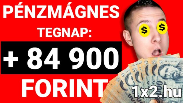 Egy mosolygó ember látható, aki forintokat tart a kezében, mögötte piros háttér és pénzes jelek. A kép a sikeres sportfogadást, megbízható Tippmix tippek eredményességét sugallja. Ideális azoknak, akik valódi sport