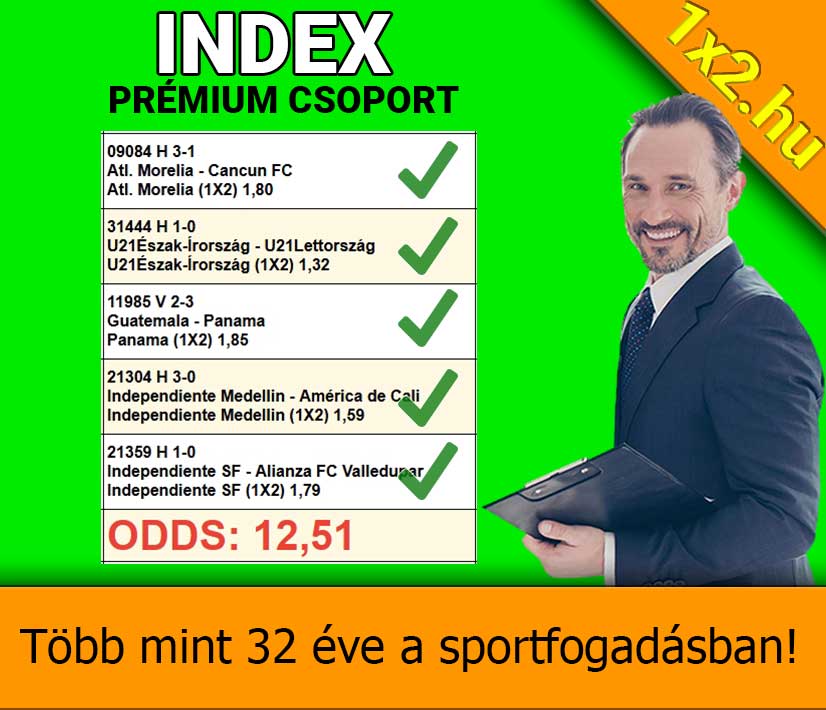 Zöld háttér előtt álló, mosolygós férfi, aki egy táblázatot mutat Tippmix tippekkel és oddsokkal. A Több mint 32 éve a sportfogadásban! felirat utal a megbízható sportfogadás tippekre.