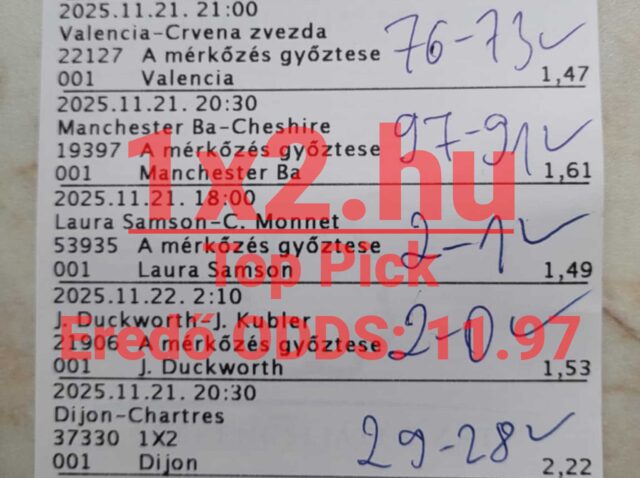 Ezen a képen egy sportfogadási szelvény látható, ahol különböző Tippmix tippek vannak feltüntetve. A sportfogadás rajongói számára ez betekintést nyújt a megbízható Tippmix tippek világába, segítve a sikeres fogadást