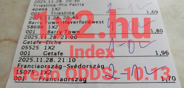 Egy sportfogadási szelvény képe, amely különböző eseményekre megadott fogadási tippeket és az aktuális szorzókat mutatja. A Tippmix tippek keresők számára megbízható forrás lehet sportfogadások előtt.