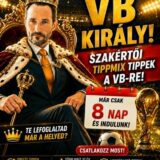 Királyi palástot és koronát viselő férfi egy arany futballtrófea mellett, a piros naptáron 8 napos visszaszámlálással a labdarúgó-világbajnokság kezdetéig.