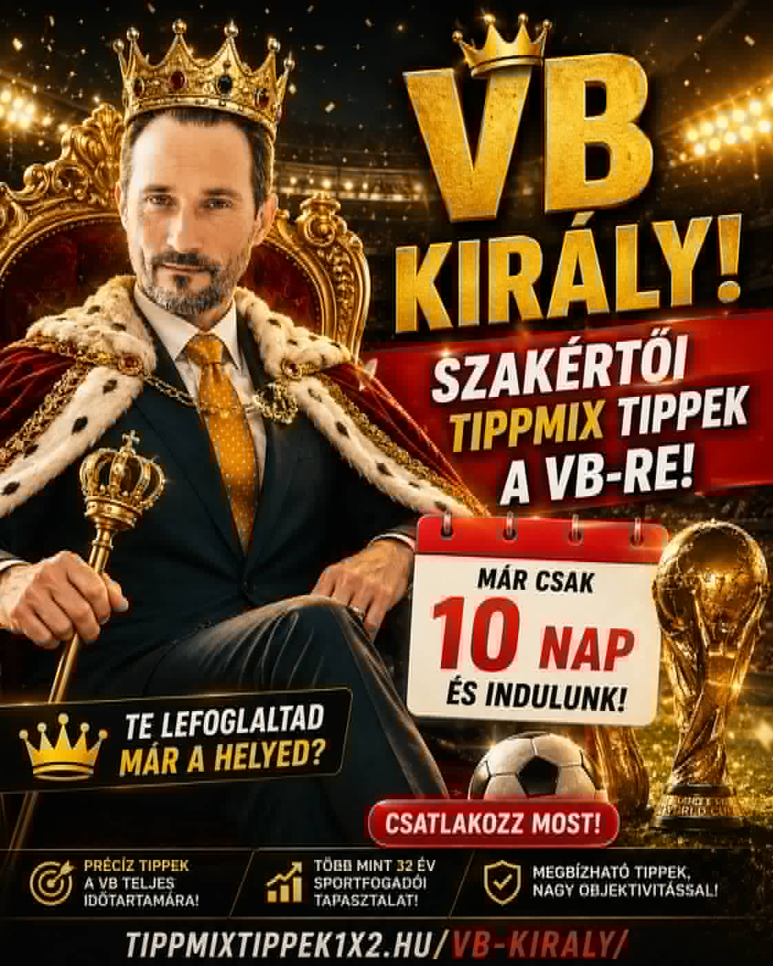 VB Király tippmix tippek promóciós banner királlyal és vb-trófeával.