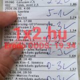 Kézzel ellenőrzött, pipákkal ellátott Tippmix szelvény futball és tenisz tippekkel, 19.34-es összesített nyertes szorzóval.