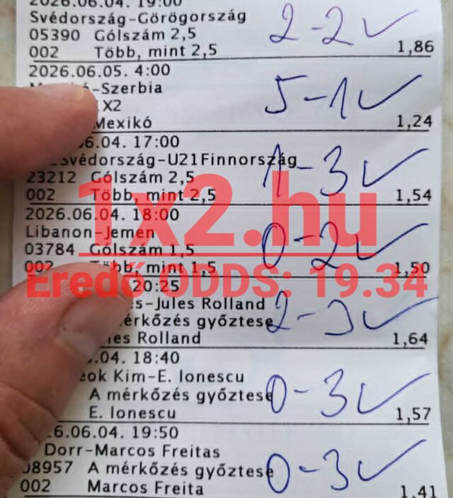 Kézzel ellenőrzött, pipákkal ellátott Tippmix szelvény futball és tenisz tippekkel, 19.34-es összesített nyertes szorzóval.