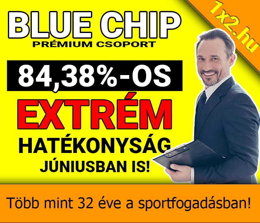 Öltönyös, mosolygó tippmester kezében dokumentumtartó mappával, egy élénksárga Blue Chip prémium csoportos hirdetés mellett, amely 84,38%-os extrém júniusi hatékonyságot hirdet.