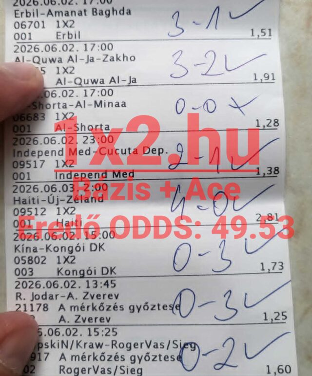 Kézzel ellenőrzött, Tippmix szelvény Bázis és Ace felirattal, amelyen egy hibás 49.53-as hatalmas eredő odds.