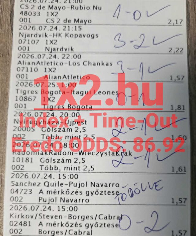 Nyomtatott sportfogadási szelvény kézírásos eredménymegjelölésekkel, kipipált tippekkel és 86.92-es eredő odds felirattal.