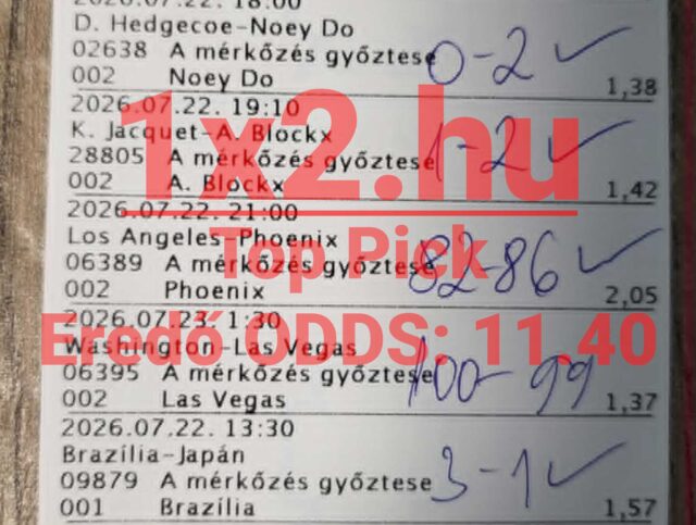 Nyertes sportfogadási szelvény kézzel írt végeredményekkel és kipipált nyertes tippekkel.