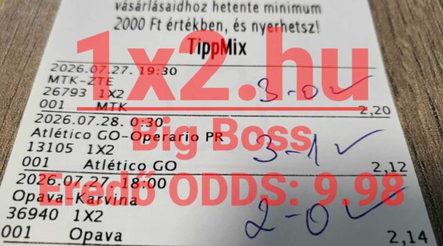 Nyertes Tippmix sportfogadási szelvény kézzel beírt 3-0, 3-1 és 2-0 végeredményekkel, kipipált nyertes tippekkel és 9.98-as eredő odds-szal.