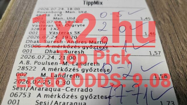 Kézzel kitöltött, nyertes TippMix fogadási szelvény, rajta piros '12hu Top Pick Eredő ODDS: 9.08' felirattal.
