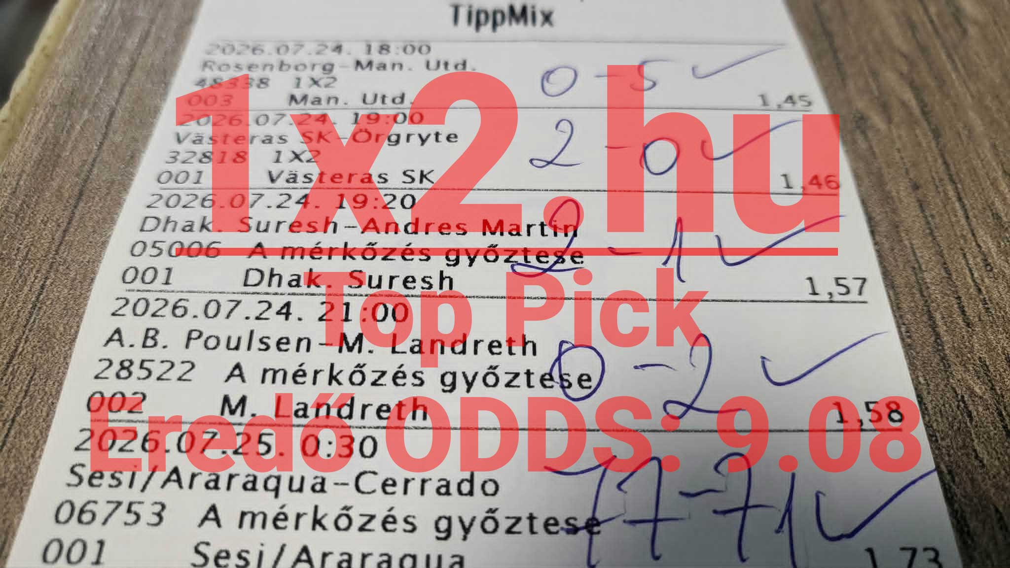 Kézzel kitöltött, nyertes TippMix fogadási szelvény, rajta piros '12hu Top Pick Eredő ODDS: 9.08' felirattal.