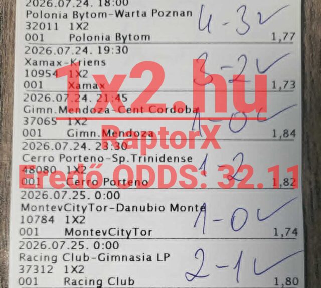 Nyertes sportfogadási szelvény kézzel írt mérkőzéseredményekkel, pipákkal és 32,11-es eredő oddsszal.