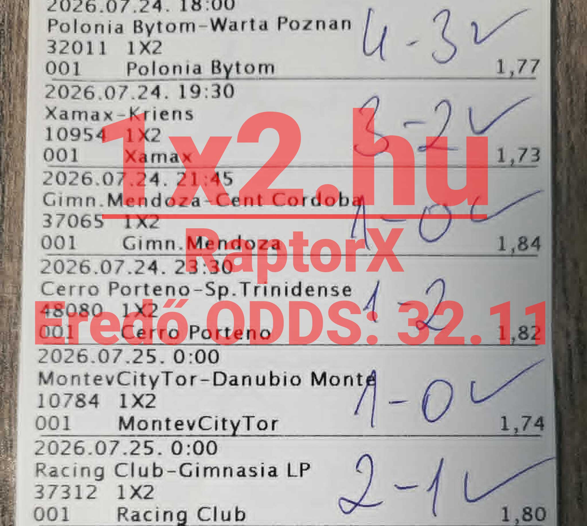 Nyertes sportfogadási szelvény kézzel írt mérkőzéseredményekkel, pipákkal és 32,11-es eredő oddsszal.