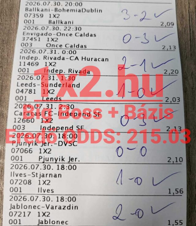 Kézzel beírt végeredményekkel és ellenőrző pipákkal ellátott sikeres sportfogadási szelvény a 1X2.hu felirattal.