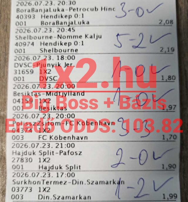 Nyertes sportfogadási szelvény kézzel írt mérkőzéseredményekkel, pipákkal és 103.82-es eredő oddsszal.