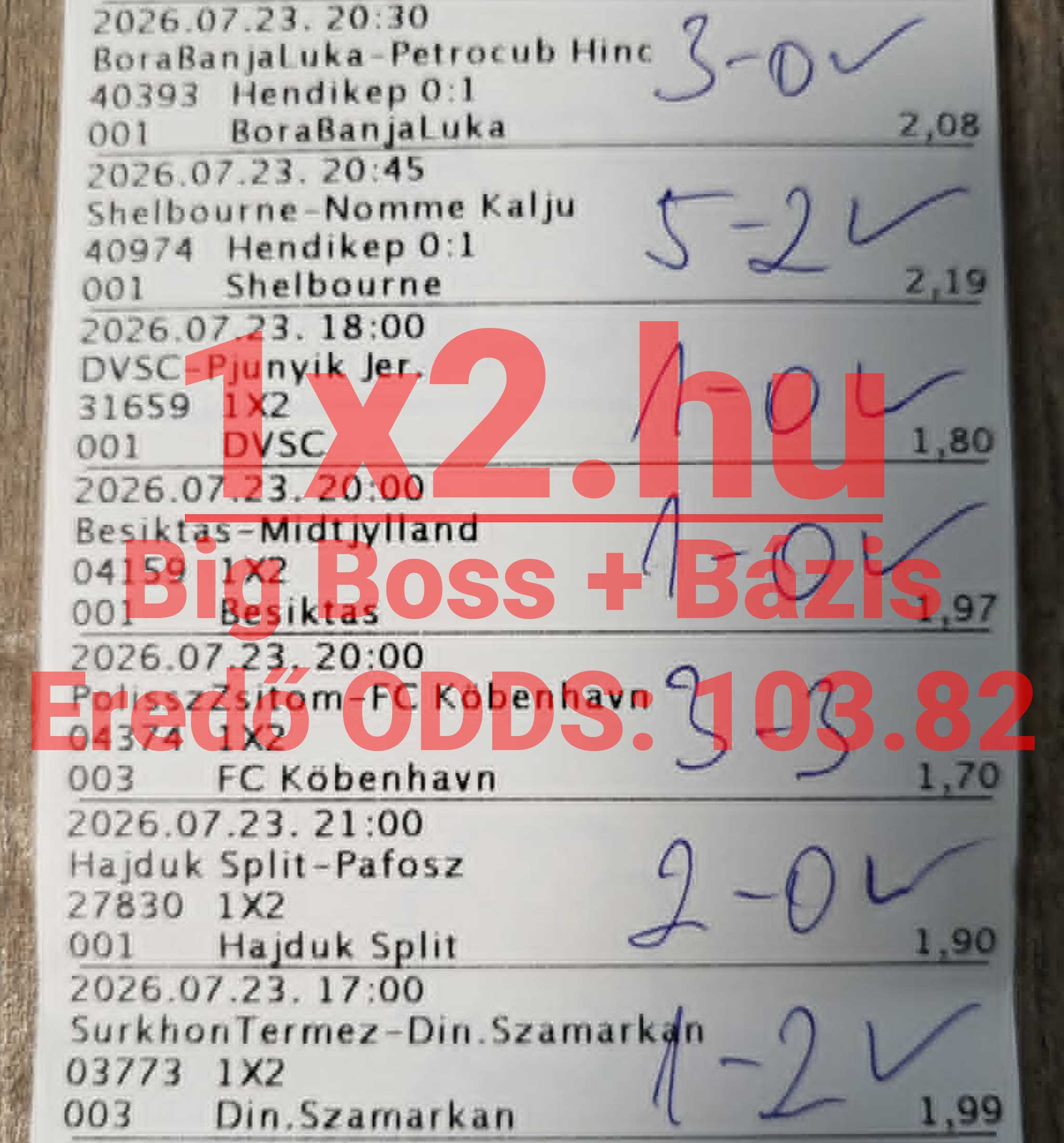 Nyertes sportfogadási szelvény kézzel írt mérkőzéseredményekkel, pipákkal és 103.82-es eredő oddsszal.