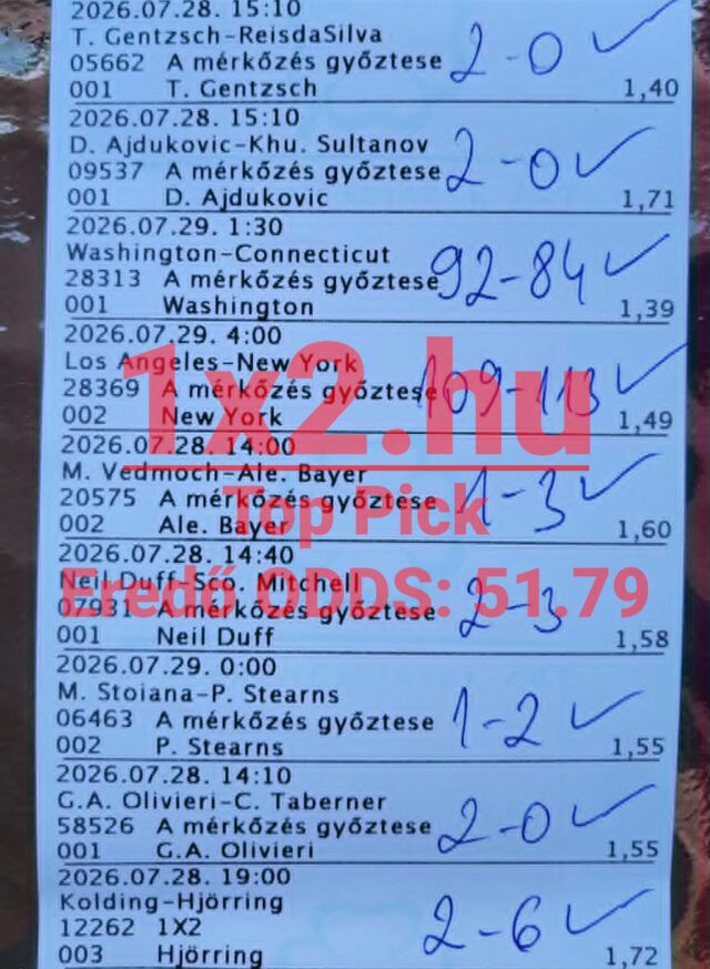Kézzel ellenőrzött, nyertes sportfogadási szelvény pipákkal és 51,79-es eredő oddsszal.