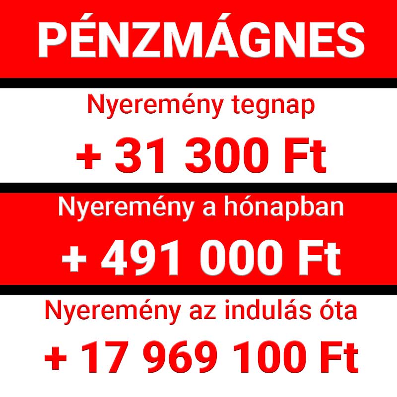 Pénzmágnes felirat piros alapon, alatta a tegnapi 31 300 Ft, a havi 491 000 Ft és az indulás óta elért 17 969 100 Ft nyeremény látható.